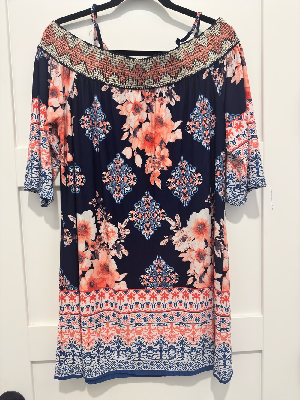Trixxi Navy and Coral Floral Off-Shoulder Tunic